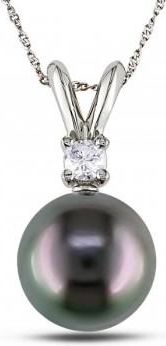 Allurez Black Tahitian Pearl & Diamond Pendant Necklace 14k White Gold 8-9mm