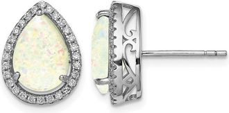 Diamond2Deal Sterling Silver Rhodium Polished Simulated Opal & CZ Stud Earrings
