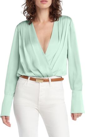 Favorite Daughter Surplice Long Sleeve Satin Bodysuit in Light Sage at Nordstrom, Size X-Small