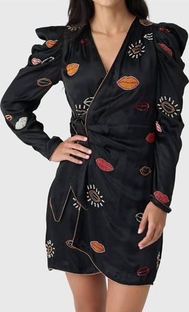 Farm Rio Beaded Kisses Wrap Mini Dress In Black