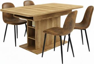 Urban Meuble Mesa de comedor de roble con almacenamiento y 4 sillas marrones