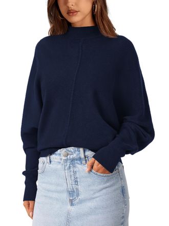 PrettyGarden Fall Fashion 2024 Oversized Mock Neck Long Sleeve Batwing Sweaters for Women Casual Loose Ribbed Knit Tops, Navy, XL