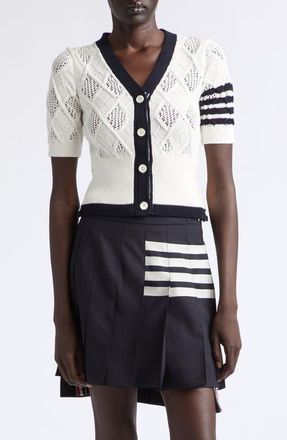 Thom Browne 4-Bar Argyle Pointelle Stitch Short Sleeve Cardigan in White at Nordstrom, Size 42