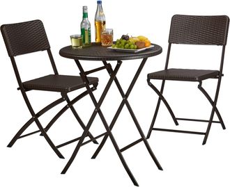 Relaxdays Relaxdays - Set Mesa Y Sillas Jard&iacute;n Bastian, Plegable, 3 Unidades, Efecto Rat&aacute;n, Muebles Exterior, 75,5x60x60 Cm, Marr&oacute;n