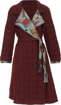 Christian Lacroix burgundy tweed multicolor paisley wrap coat
