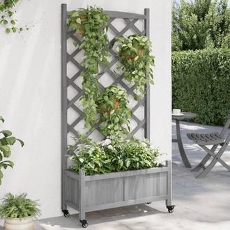 Berkfield Home Planter with Trellis & Wheels Grey Solid Wood Fir