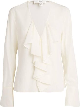 Frame Denim Silk Ruffle-Neck Blouse Size M