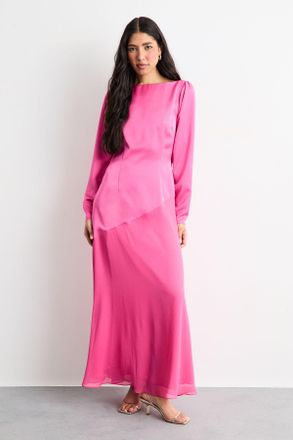 Warehouse Womens Slash Neck Asymmetric Seam Detail Maxi Dress - Pink - Size 14 UK