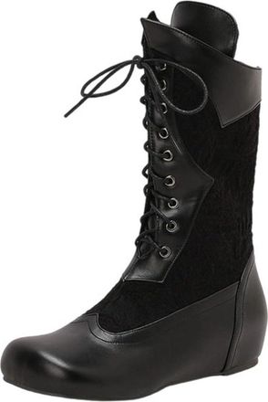 Generic Retro Mid Calf Boots for Women Gothic Victorian Low Heel Lace Up Side Zipper Ankle Booties Retro Medieval Riding Leather Round Toe Flat Booties Comfor