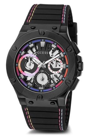 Guess Ombr&eacute; Multifunction Silicone Strap Watch, 44mm in Black/black/black at Nordstrom