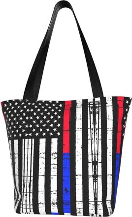 AOOEDM Tote Bag Thin Red & Blue Line American Flag Shopping Bags Small Reusable Market Bag Beach Tote Bags Travel Totes
