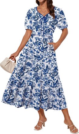Grace Karin Women Summer Casual Midi Floral Dress Short Sleeve V Neck Sun Dress Vintage Blue and White Porcelain Pattern XL