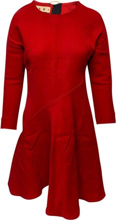 Marni Flared Hem Long Sleeved Dress in Red Silk