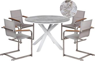 Beliani Conjunto De Jard&iacute;n 4 Plazas Muebles De Exterior De Aluminio Acero Inoxidable Efecto M&aacute;rmol Tablero De Vidrio Cer&aacute;mico Blanco Y Gris Maletto/cosoleto