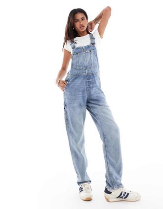 Lee workwear straight fit denim overalls in light wash blue