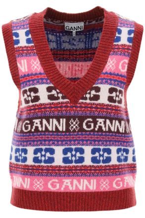 Ganni Jacquard Wool Vest With Logo Pattern