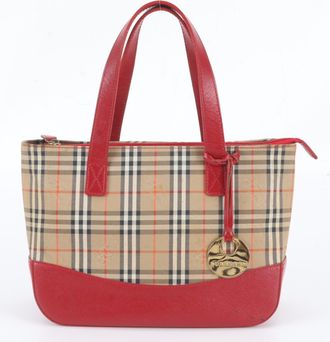 Burberry Brown Red Color Leather Canvas Handbag Shoulder Bag Tote Bag (Pre-Owned)