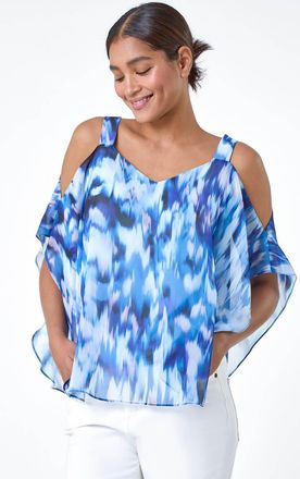 Roman Abstract V-Neck Cold Shoulder Overlay Top