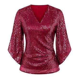 Generic Womens Sequin Blouse - 3/4 Sleeve Sparkly V Neck Top for Evening, Dressy Casual Glitter Shirt, Sexy Ladies Tops and Blouses for Party & Wedding Wine