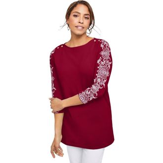 Jessica London Stretch Cotton Boatneck Tunic in Rich Burgundy Medallion at Nordstrom, Size 40