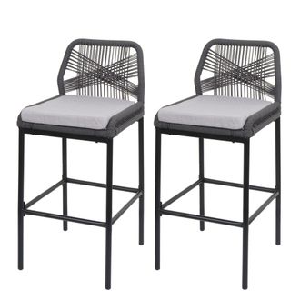 Hhg Nunca Usado] Lote De 2 Taburetes De Bar De Cuerda Hhg 988, Asiento De Exterior De Mimbre De Cuerda De Metal, Antracita, Coj&iacute;n Gris Claro