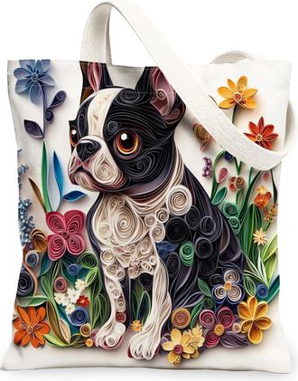 Generic Paper Quilling Boston Terrier Dog Canvas Tote Bag for Shopping 13x15, Fun Wildflower Puppy Reusable Grocery Print Pattern Bag for Women, Pet Beach Aes