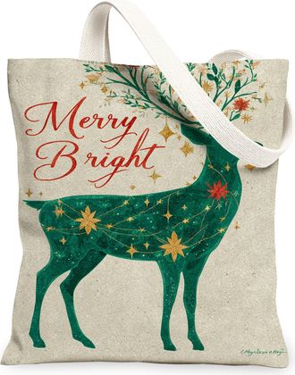 Generic Deer Canvas Tote Bags, Festive Reindeer Pattern Reusable Grocery Bags, Winter Rustic Lightweight Washable Shoulder Strap Canvas for Travel Picnic 13x1