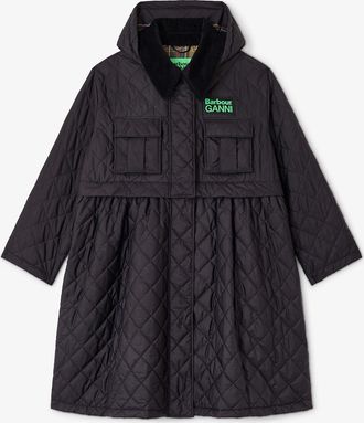 Ganni x Barbour Quilted Long Coat in Black - Size 34