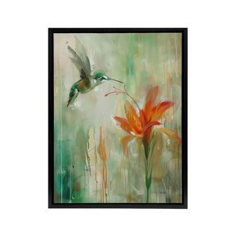 Artery8 Daylily Flower & Hummingbird Framed Canvas Wall Art Print in Green | Size: W24 x H32