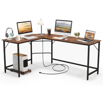 Costway Costway - Escritorio Esquinero Con Toma De Corriente, 168x125 Cm, Escritorio En L Grande Con Soporte Para Cpu, Marco De Metal, Mesa En L Oficina (natu