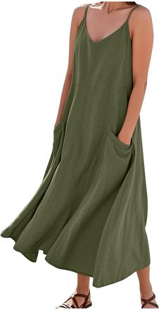 Generic Womens Strappy Summer Dresses Cotton Linen Maxi Dresses Adjustable Spaghetti Strap V Neck Sleeveless Dress with Pockets Boho Beach Holiday Dress Solid