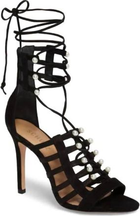 Schutz Women Pearls Open Toe Caged Suede Leather Lace Up Stiletto Heels In Black