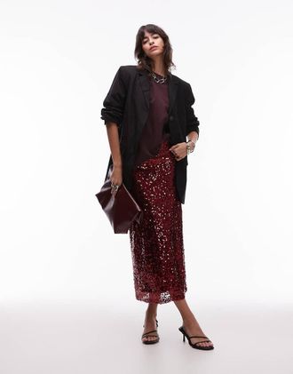 Asos Gonna midi color ciliegia con paillettes-Rosso