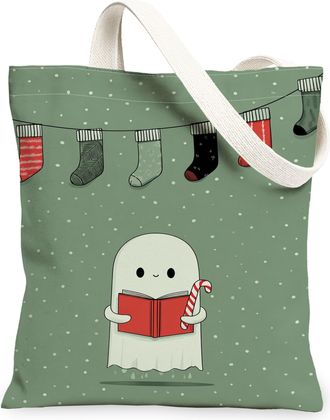 Generic Christmas Ghost Canvas Tote Bags, Cute Spooky Design Reusable Grocery Bags, Winter Lightweight Washable Shoulder Strap Canv, Green, 13x15 Inch