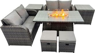 Fimous Fimous 6-seater Patio Gas Firpit Dining Table Sofa Sets Rattan Garden Furniture Dining Set with 2 Side Tables 2 Small Stools Dark Grey Mixed