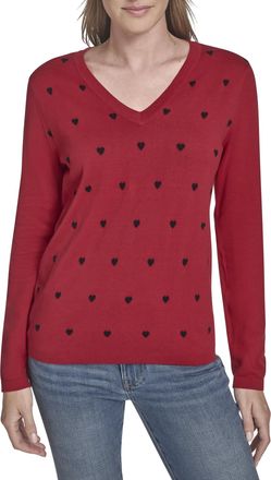 Tommy Hilfiger Womens V-Neck Long Sleeve Cotton Heart Print Sweater, Chili Pepper/Sky Captain, XL