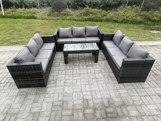 Fimous Outdoor 3 PC Three Seater Ssofa Rattan Garden Furniture Lounge Sofa Set With Coffee Table in Dark Grey