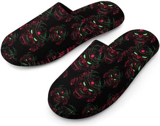 Generic Samurai Mask Flannel Mens Slip-on Slippers Winter Warm House Shoes with Rubber Sole for Home Hotel
