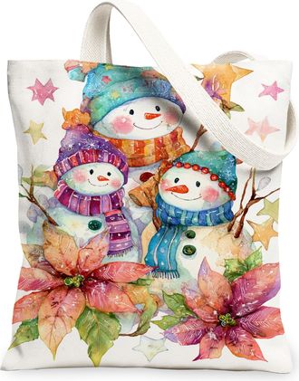 Generic Snow Man Canvas Tote Bags, Colorful Floral Pattern Reusable Bags, Fanciful Holiday Lightweight Washable Shoulder Strap for, White, 13x15 Inch