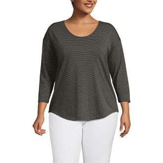 Lands End 3/4 Sleeve Lightweight Jersey U-Neck Tunic in Forest Moss Thin Stripe at Nordstrom, Size X-Small P
