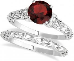 Allurez Garnet & Diamond Antique Style Bridal Set 14k White Gold (0.87ct)