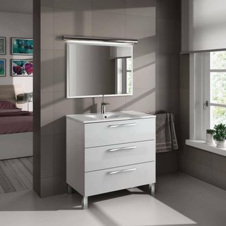 Dmora Dmora - Armario Bajo Encimera Dlo, Mueble De Ba&ntilde;o, Armario Con 3 Cajones Y Espejo, Lavabo No Incluido, 80x45h86 Cm, Blanco Brillante