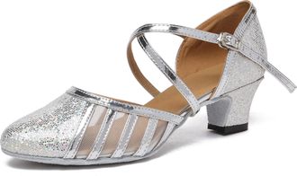 Minitoo Womens Latin Salsa T-Strap Closed Toe Synthetic Ballroom Dance Shoes Evening Wedding Pumps L2042 Silver 5cm Heel UK 6.5