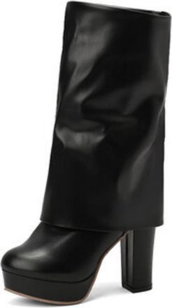 Generic Womens Round Toe Long Boots Block High Heel Platform Boot PU Leather Mid-Calf Boots with Side Zipper,Black,6.5 UK