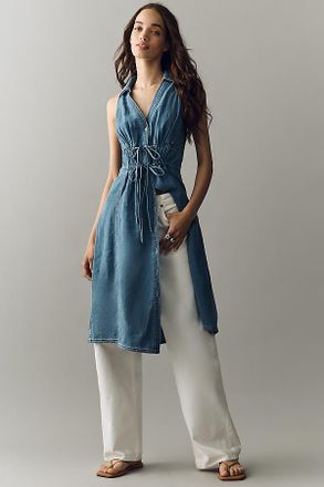 Pilcro 100% Cotton Denim Midi Button-Front Blouse
