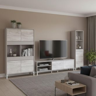 Dmora Conjunto Modular De Muebles Para Sal&oacute;n Nibionno, 7 Estantes, 7 Puertas, Beige Claro