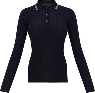 Etro Gebreid wollen jacquard poloshirt - Dames - Tops - Blauw - Maat: 2XL Wol