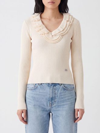 Ganni Maglia slim fit in lana a coste con scollo a V e logo Butterfly