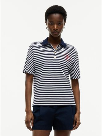 Tommy Hilfiger Womens Regular Fit Gold-Button Pique Polo - Navy Blue / Ecru Stripe - XS