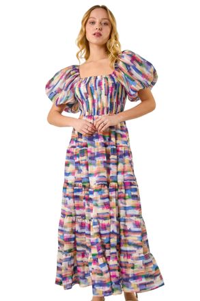 DUSK Womens Abstract Puff Sleeve Tiered Dress - Pink - Size 10 UK